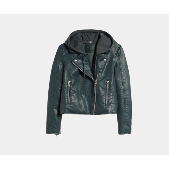 Blank NYC Moto Jacket With Removable Hood Size Small In Green Faux Leather GUC - Picture 2 of 9